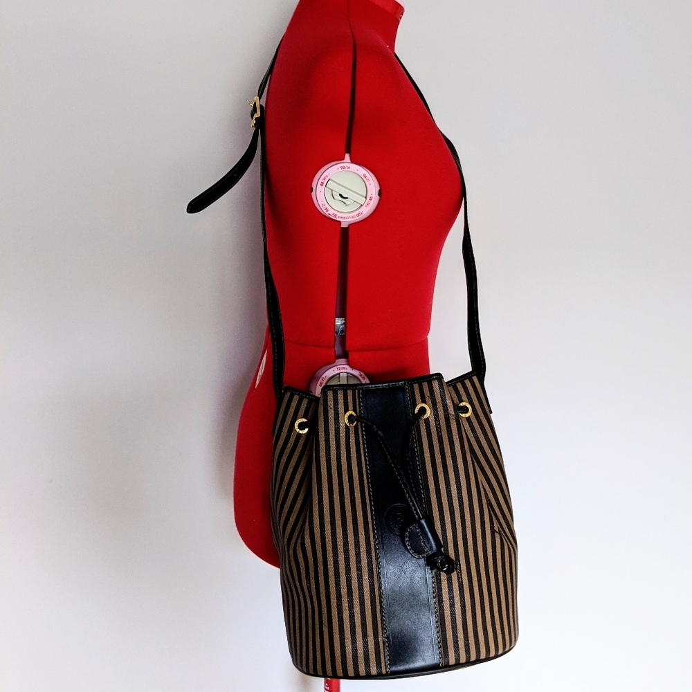 NWT vtg Fendi Drawstring Bucket Bag Black Stripes